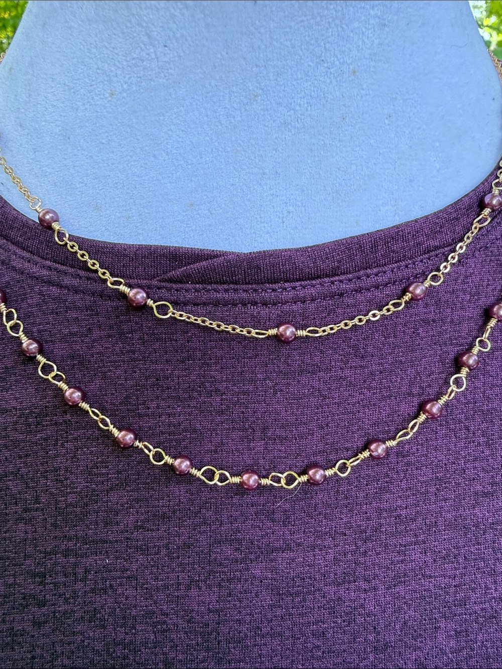 Gold Chain Necklaces with Plum Beads Hand Crafted - Women's Layered Jewelry